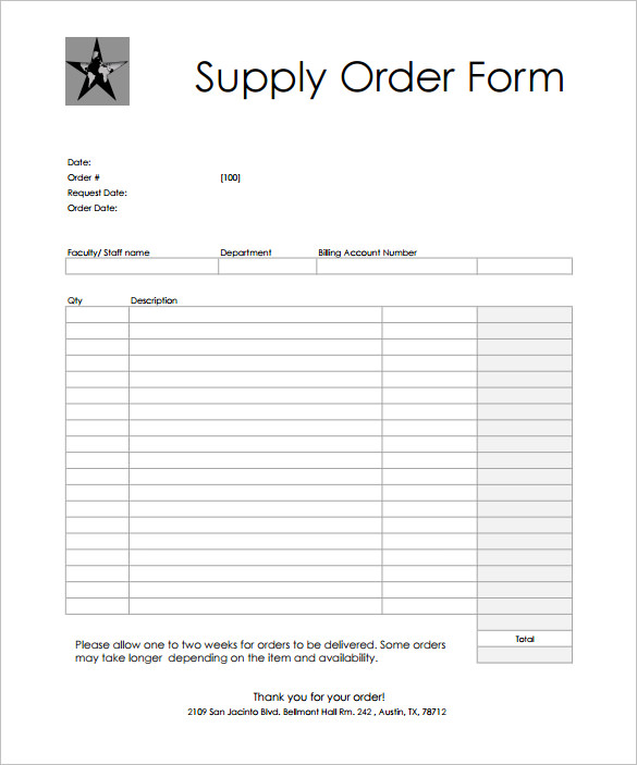 Create Order Form   Free Form Template