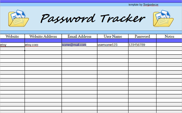Password Tracker Spreadsheet Free PDF Template Download 