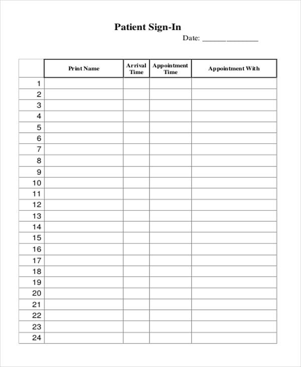 Free printable Patient Sign In Sheet (PDF) from Vertex42.
