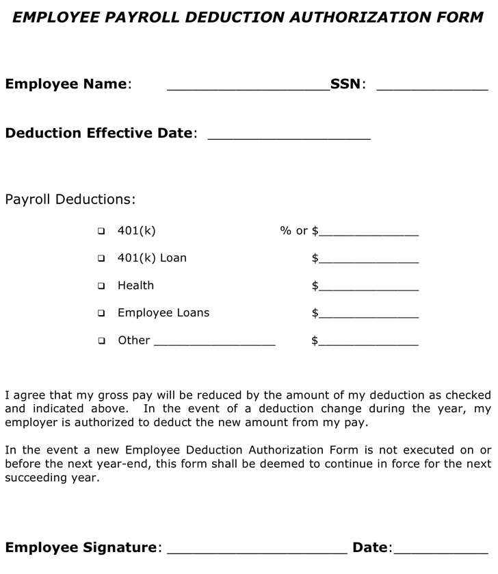 employee deduction form template payroll deduction authorization 