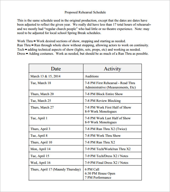 Rehearsal Schedule Templates – 13+ Free Word, Excel, PDF Format 