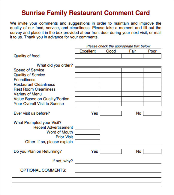 11+ Comment Cards – PDF, Word, Adobe Portable Documents | Sample 