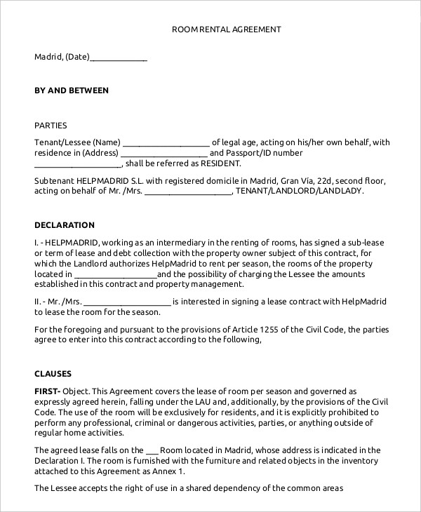 Rent A Room Lease Agreement Template   emsec.info