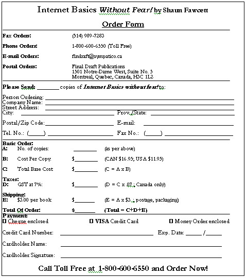 Order Form template sample format for a typical book insert 