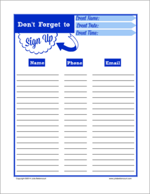 Sign Up Sheets   Potluck Sign Up Sheet