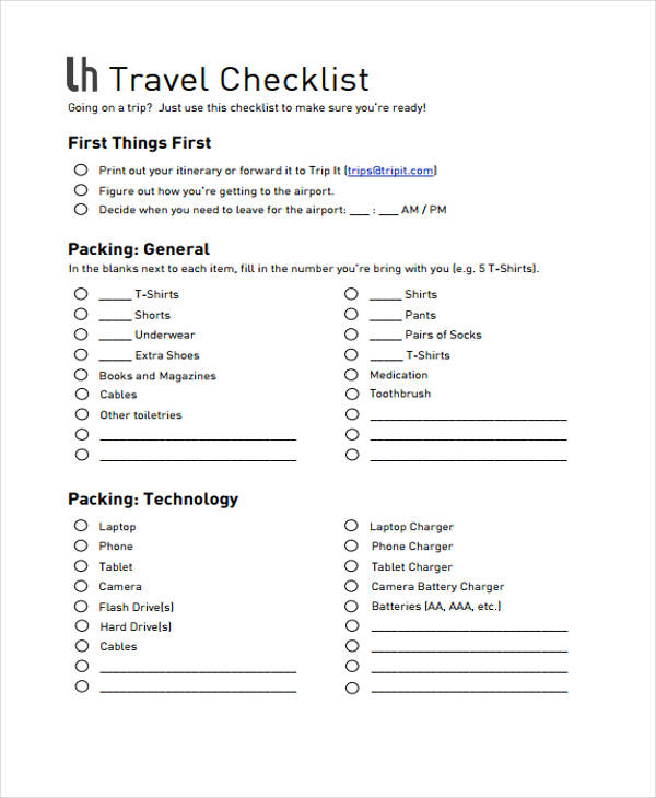 Travel Checklist Templates   11 Free Samples, Examples Format 