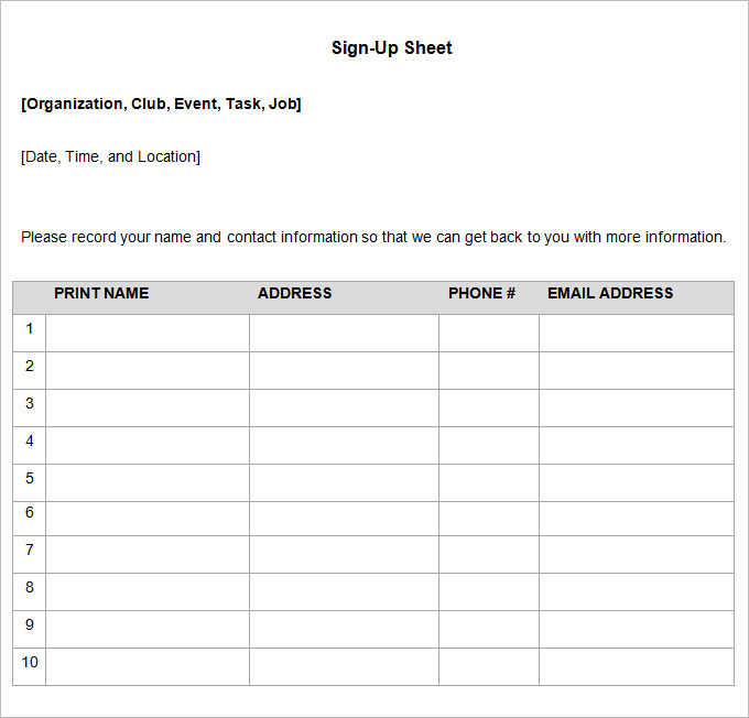 Sign Up Sheets   58+ Free Word, Excel, PDF Documents Download 