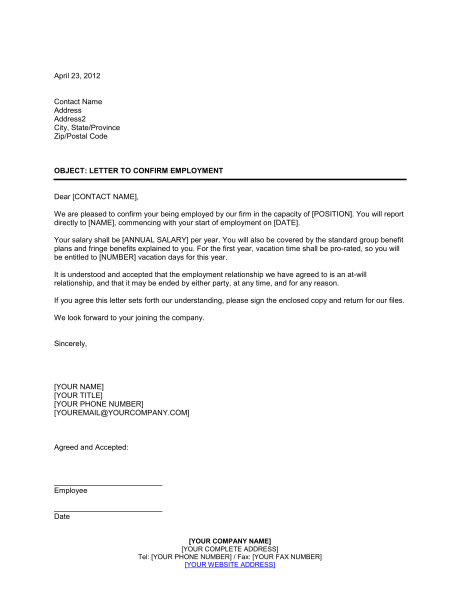 Letter Confirming Employment   Template & Sample Form | Biztree.com