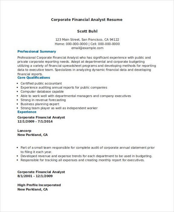 Corporate Financial Analyst Resume Sample Corporate Financial Analyst Resume Sample