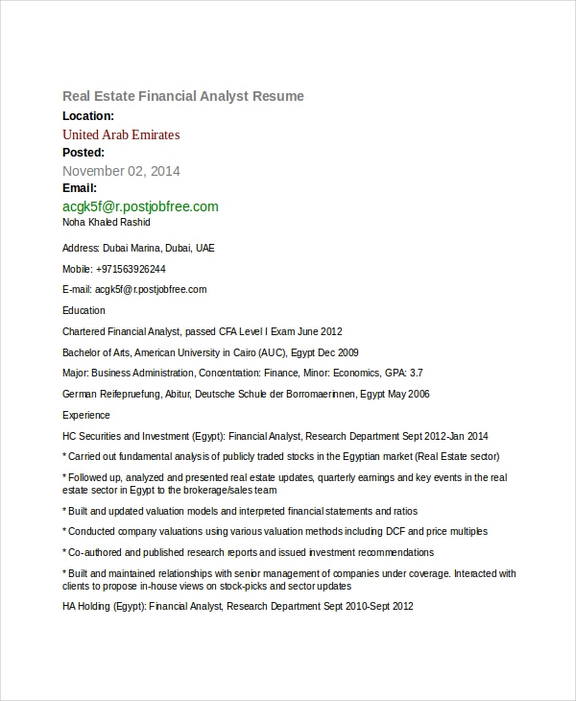 Real Estate Financial Analyst Resume Real Estate Financial Analyst Resume