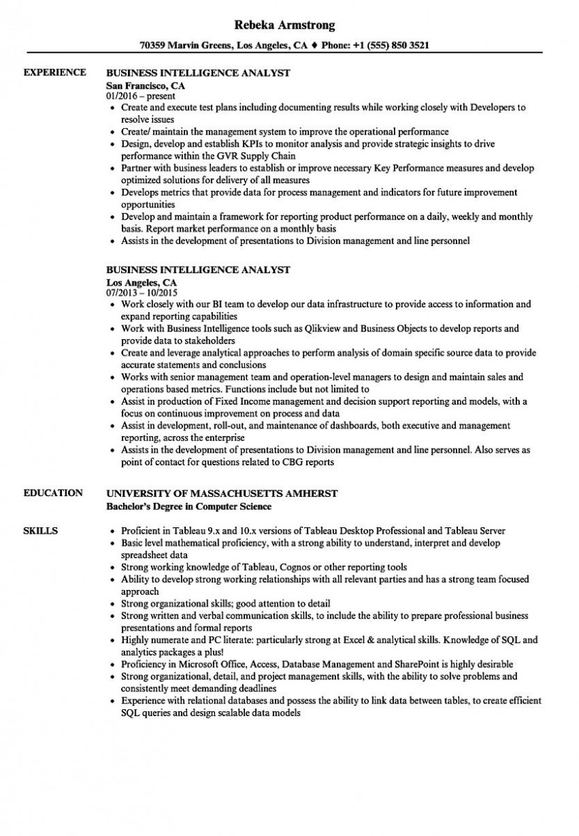 Business Intelligence Analyst Resume 1 Business Intelligence Analyst Resume 1