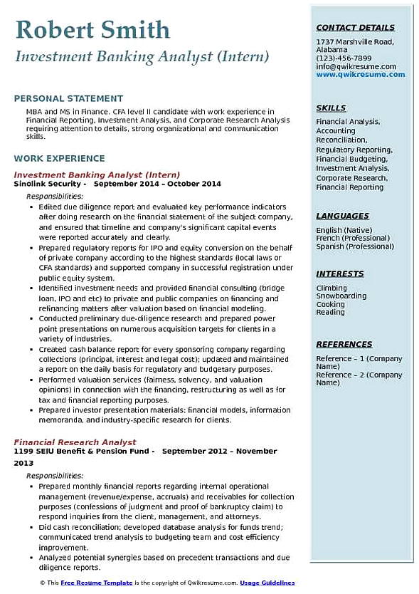Investment Banking Analyst resume Investment Banking Analyst resume