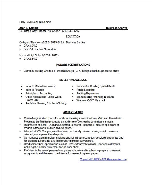 Sample Entry Level Business Analyst Resume Sample Entry Level Business Analyst Resume