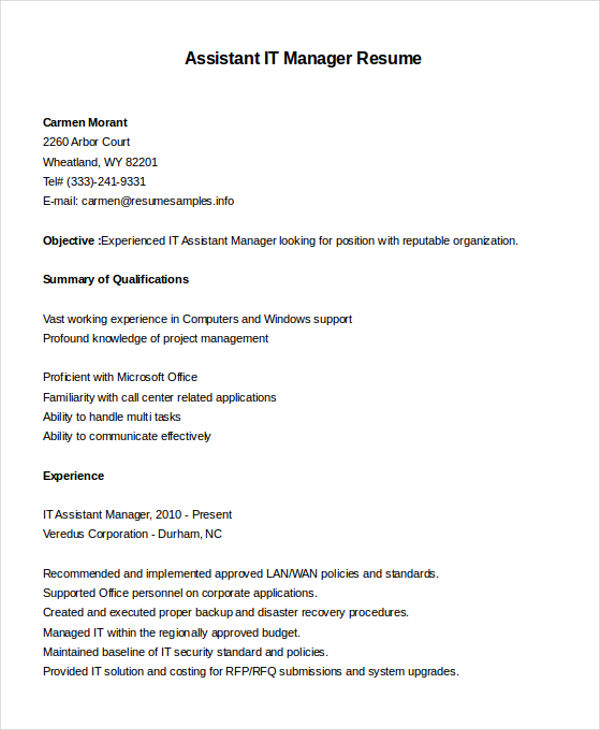 Assistant IT Manager Resume Assistant IT Manager Resume