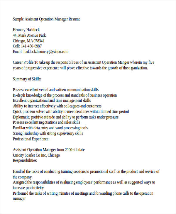 Assistant Operations Manager Resume1 Assistant Operations Manager Resume1