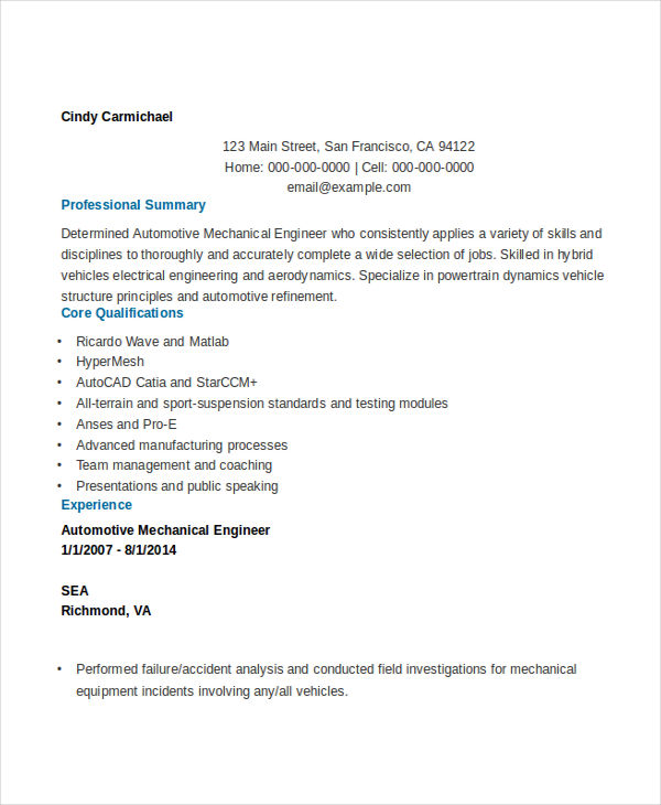 Automobile Engineering Resume Sample Automobile Engineering Resume Sample