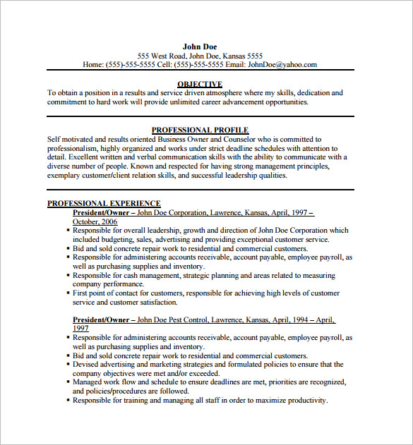 Business Owner Resume Business Owner Resume
