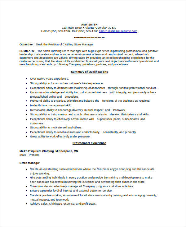 Clothing Store Manager Resume 1 Clothing Store Manager Resume 1
