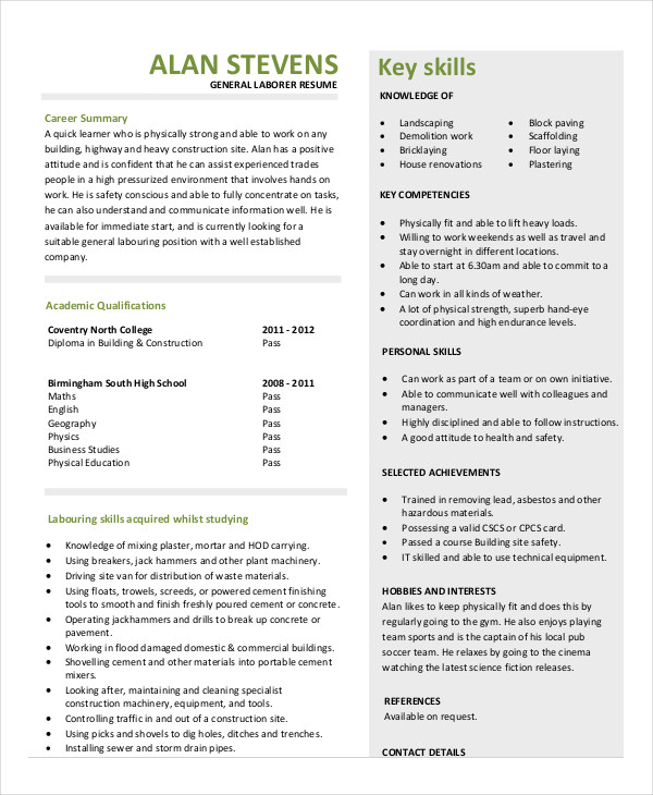Construction Laborer Resume Sample Construction Laborer Resume Sample