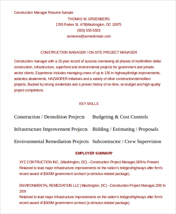 Construction Manager Resume templates 1 Construction Manager Resume templates 1