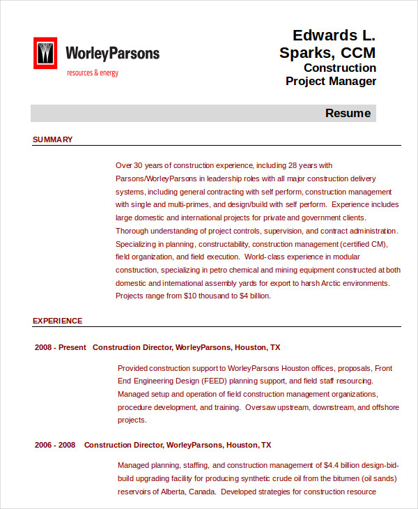 Construction Project Management Resume Construction Project Management Resume