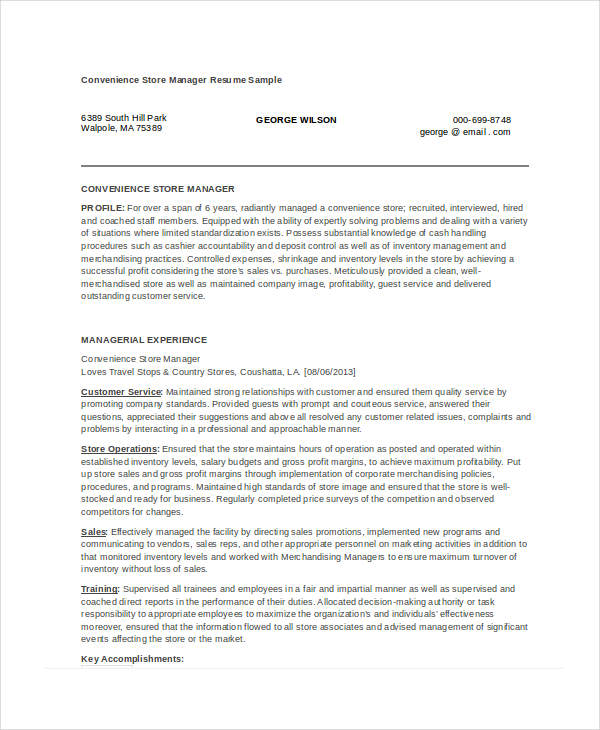 Convenience Store Manager Resume 1 Convenience Store Manager Resume 1