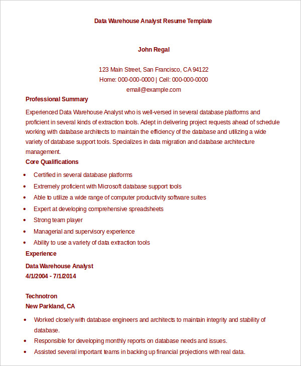 Data Warehouse Analyst Resume templates Data Warehouse Analyst Resume templates