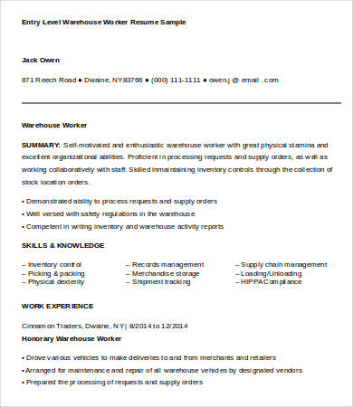 Entry Level Warehouse Worker Resume Sample Entry Level Warehouse Worker Resume Sample
