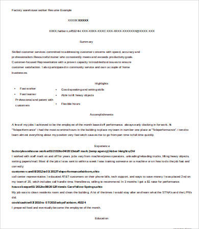 Factory Warehouse Worker Resume Factory Warehouse Worker Resume