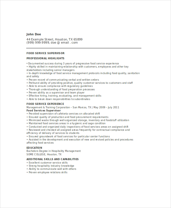 Food Service Supervisor Resume Food Service Supervisor Resume