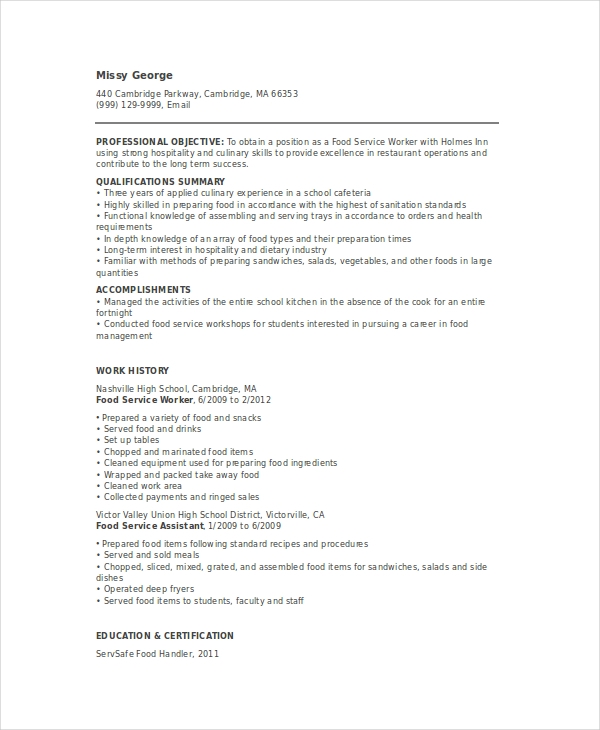 Food Service Worker Resume Food Service Worker Resume