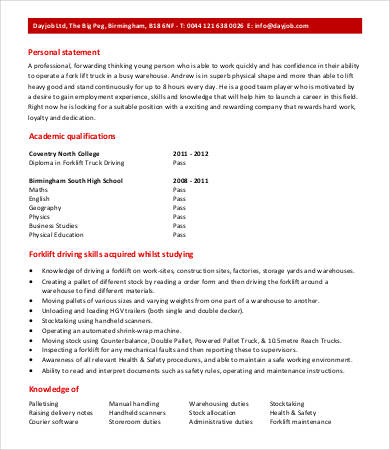 Forklift Driver Warehouse Worker Resume Forklift Driver Warehouse Worker Resume