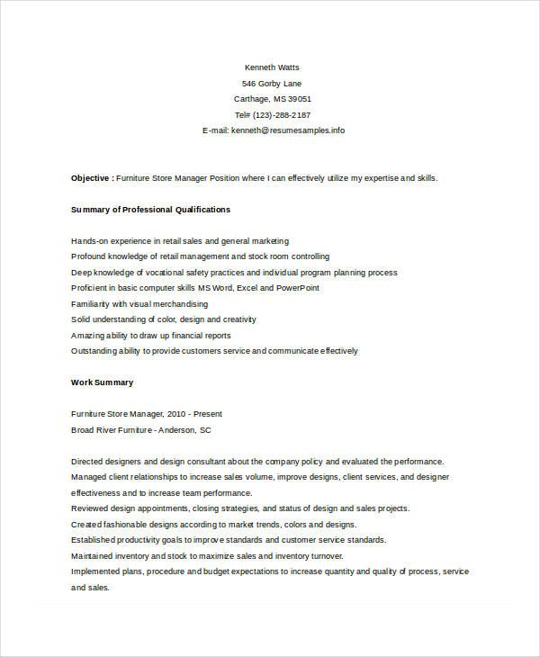 Furniture Store Manager Resume 1 Furniture Store Manager Resume 1
