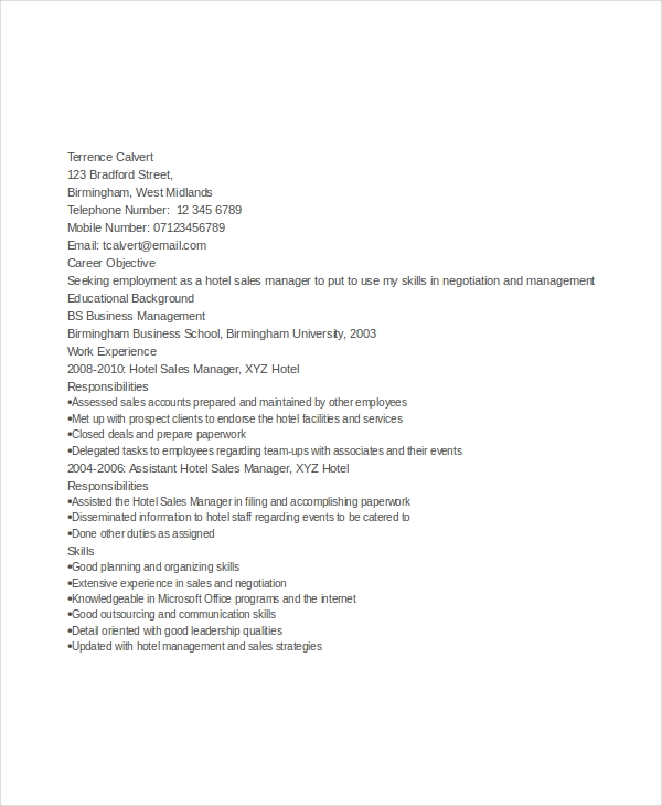Hotel Sales Manager Resume Hotel Sales Manager Resume