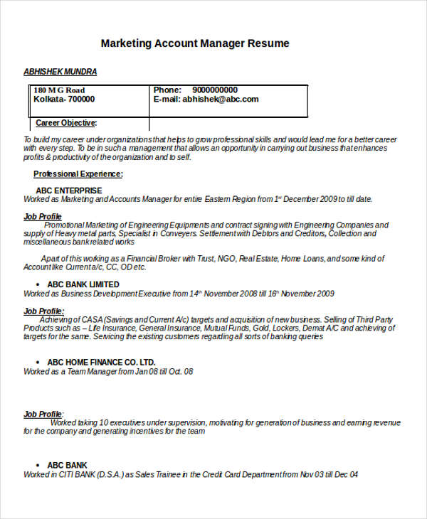 Marketing Account Manager Resume Marketing Account Manager Resume