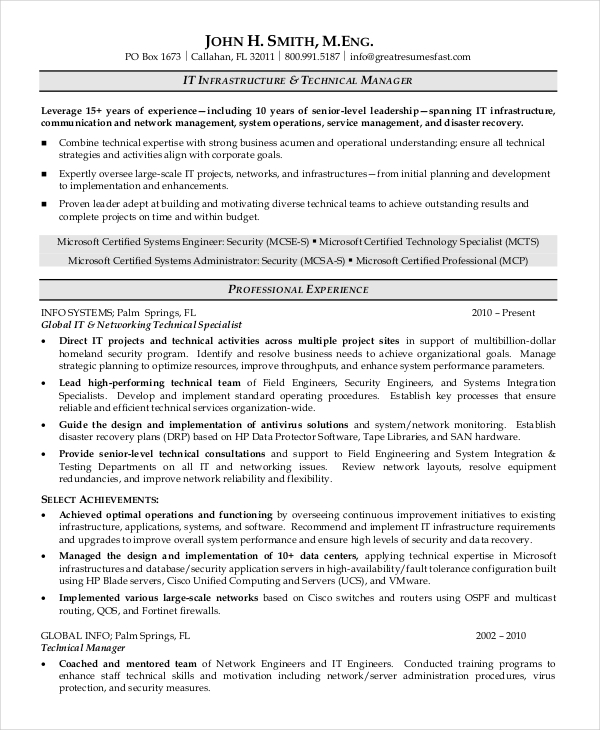 Professional Technical Manager Resume Professional Technical Manager Resume