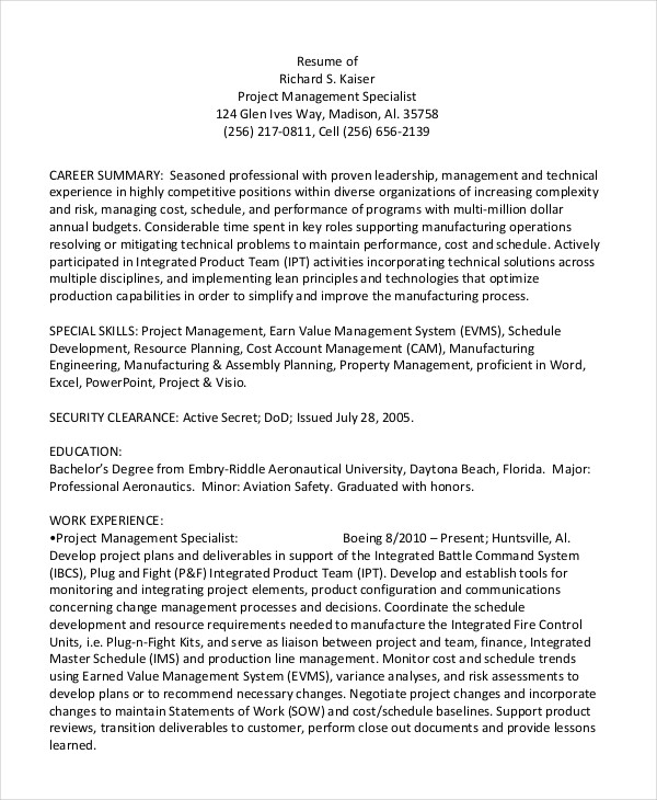Project Management Specialist Resume Project Management Specialist Resume
