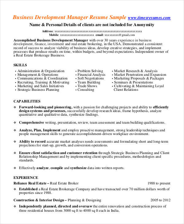 Real Estate Business Development Manager Resume Real Estate Business Development Manager Resume