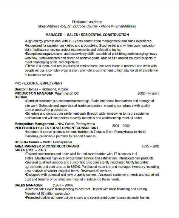 Residential Construction Manager Resume Residential Construction Manager Resume
