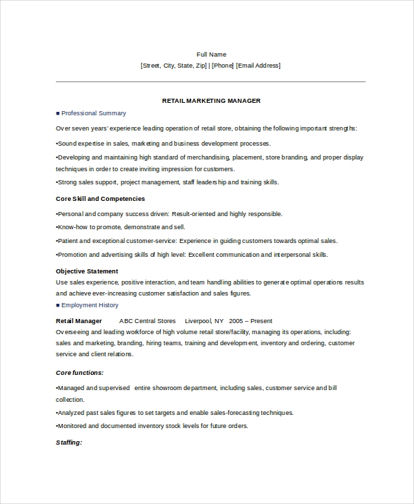 Retail Marketing Manager Resume Retail Marketing Manager Resume