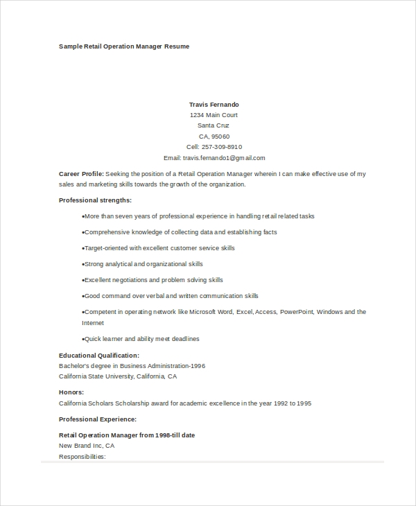Retail Operations Manager Resume Sample Retail Operations Manager Resume Sample