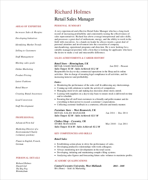 Retail Sales Manager Resume In Retail Sales Manager Resume In