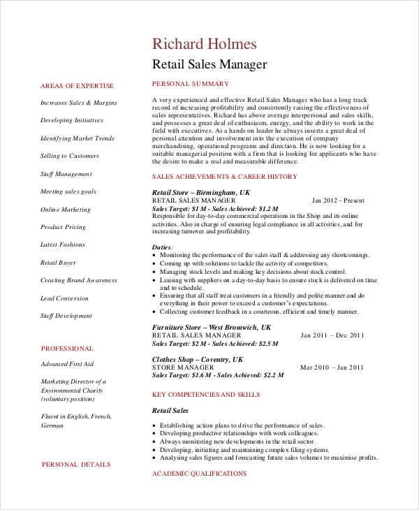 Retail Sales Manager Resume Retail Sales Manager Resume