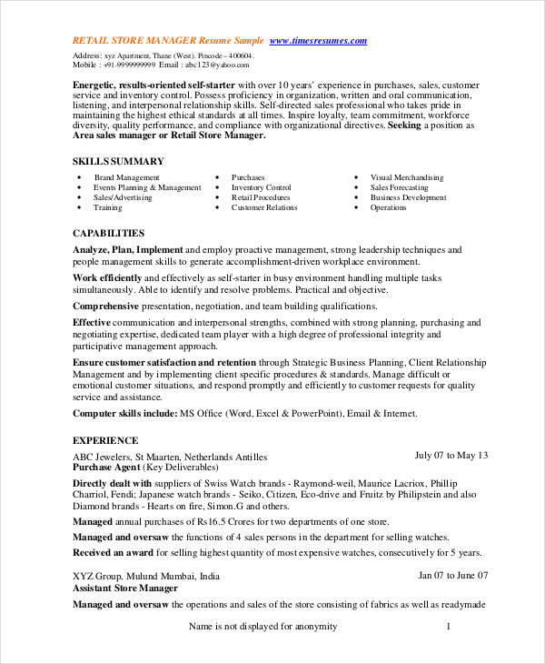 Retail Store Manager Resume 1 Retail Store Manager Resume 1