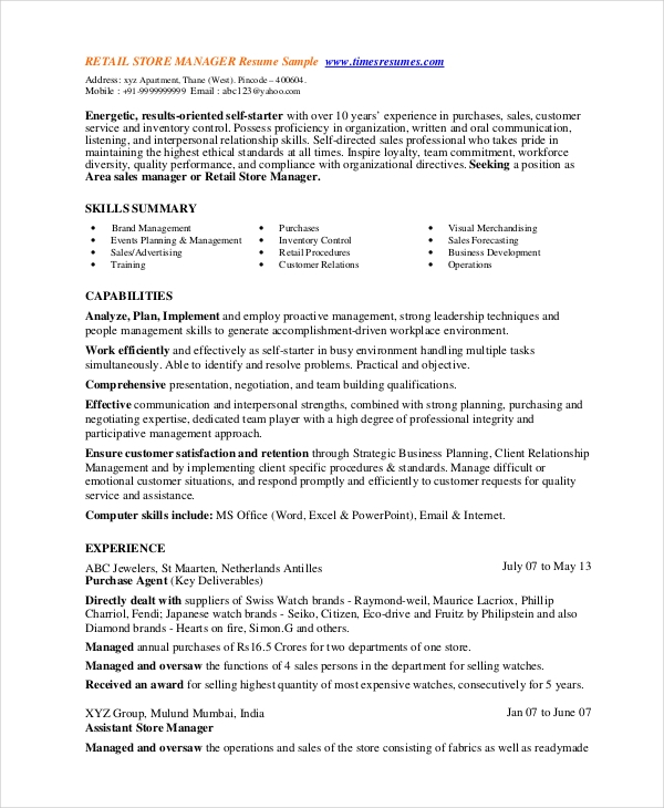 Retail Store Manager Resume templates Retail Store Manager Resume templates