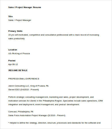 Sales Project Manager Resume 1 Sales Project Manager Resume 1
