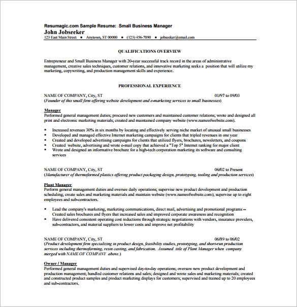 Small Business Manager Resume templates Small Business Manager Resume templates
