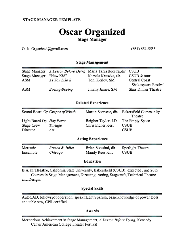 Stage Manager Resume templates Sample Stage Manager Resume templates Sample