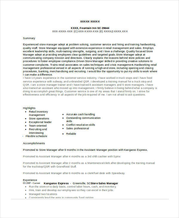 Store Sales Manager Resume 1 Store Sales Manager Resume 1