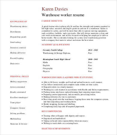 Student Warehouse Worker Resume Student Warehouse Worker Resume